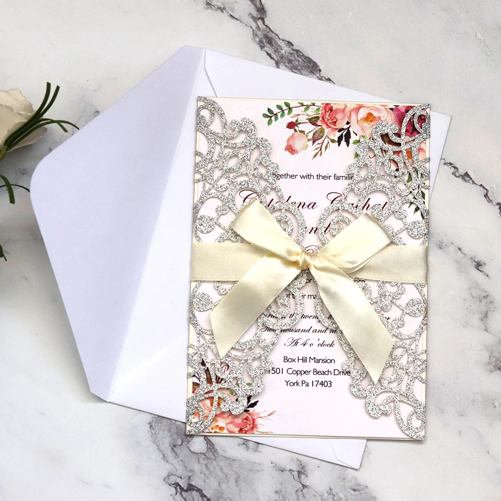  Original 10pcs Gold Silver Glitter Paper Laser Cut Wedding Invitation Card With Ribbon Personalized - 4000207447204