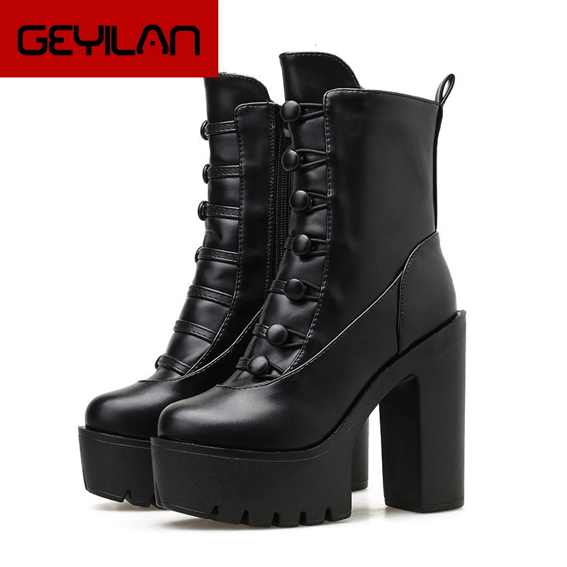 

Spring Autumn Platform Boots Super High Heels Ladies Ankle Boots With Zipper Square Heel Party Dress Shoes Punk Discount