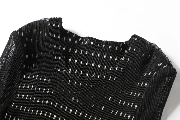 MIYAKE/Плиссированное летнее Эксклюзивное платье с короткими рукавами и сеткой; плиссированные платья в черный горошек;