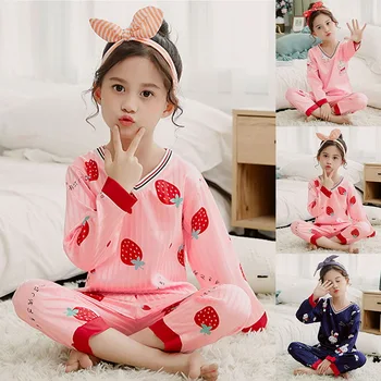 

Kid Pajamas 2020 Spring Little Kid Sleepwears Girl Casual Soft Long Sleeve Sets Ice silk Comfortable Nightgown Pajama Set Child