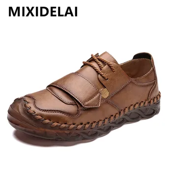 

New 2020 Men Shoes Split Leather Casual Shoes Handmade Lace-Up Men Loafers Comfort Walking Shoes Men Flats Moccasins Shoes