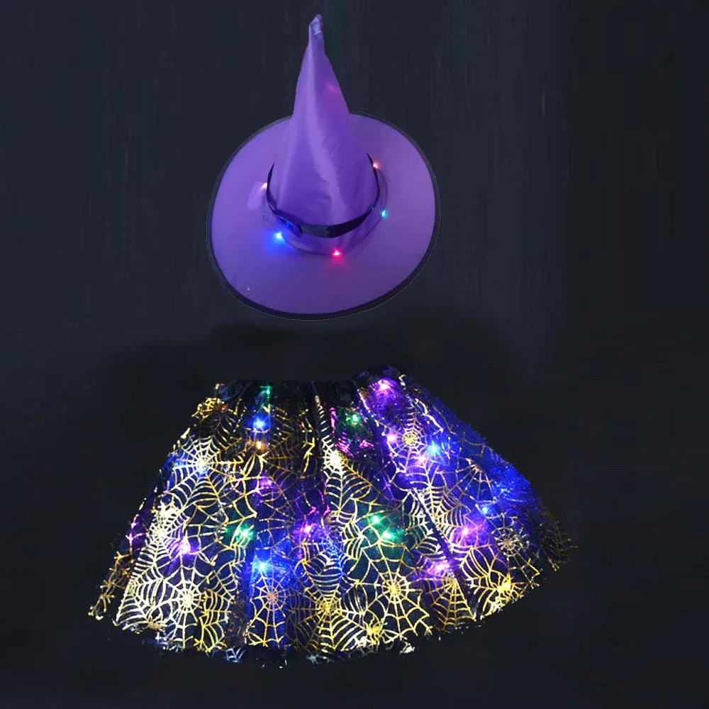 web skirt Для девочек легкое светодиодный волшебник, ведьма шляпа с юбка пачка аксессуары для косплея Хэллоуин сверкающие принадлежности для вечеринки Пурим Рождество - Цвет: web skirt