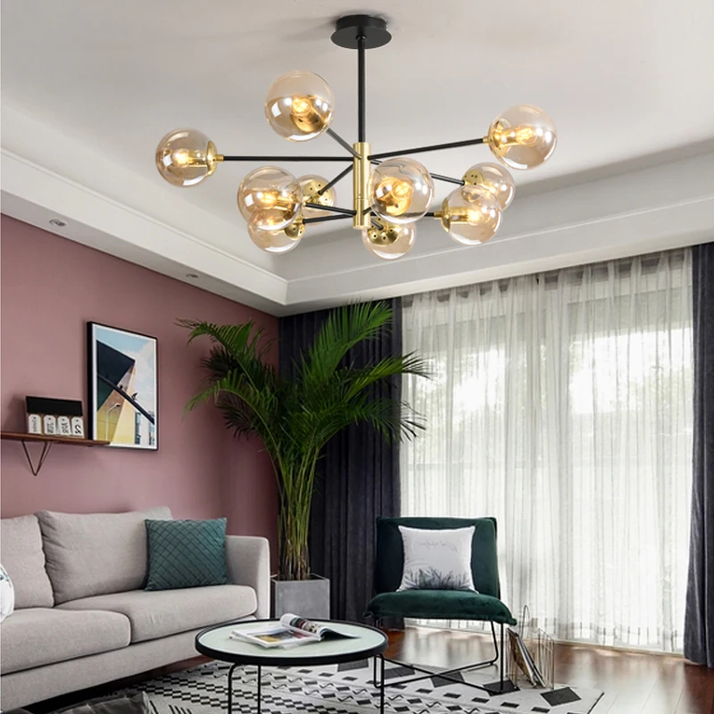 Modern Metal LED Chandelier Lighting Lustre Living Room Villa Interior Decor Pendant Lamp Lighting Glass Ball Light Fixtures