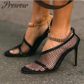 

Prowow New Genuine Leather Mesh Netting Golden Ankle Chain Summer Pumps Thin High Heel Runway Show Sandals Women