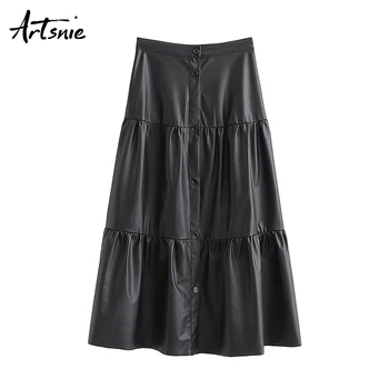 

Artsnie black casual faux leather maxi long skirts women winter 2019 high waist streetwear button loose A line skirts mujer jupe