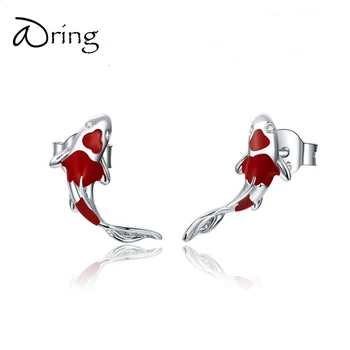 

ARING FISH RED ENAMEL STUD EARRING FOR WOMEN 925 STERLING SILVER SPRING KOI EAR STUDS FESTIVAL SILVER FASHION JEWELRY SCE812
