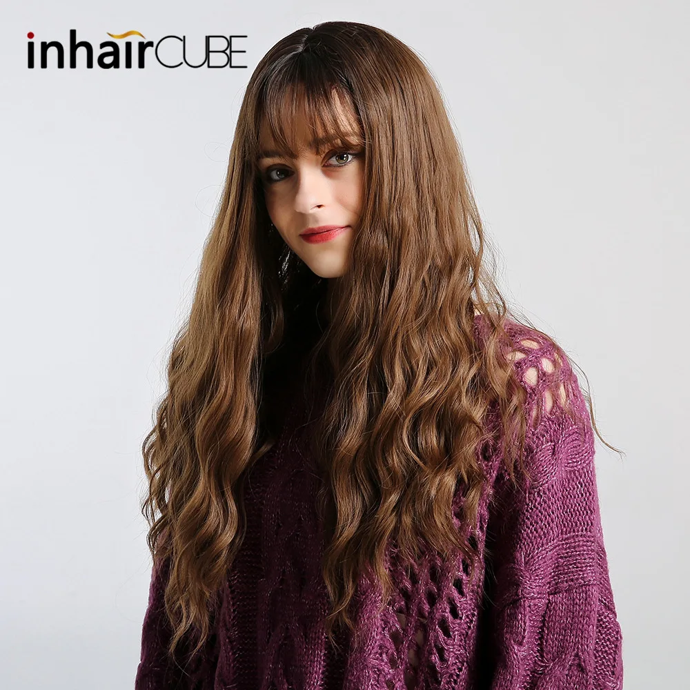 Inhaircube длинные коричневые кудрявые женские парики с челкой синтетический парик