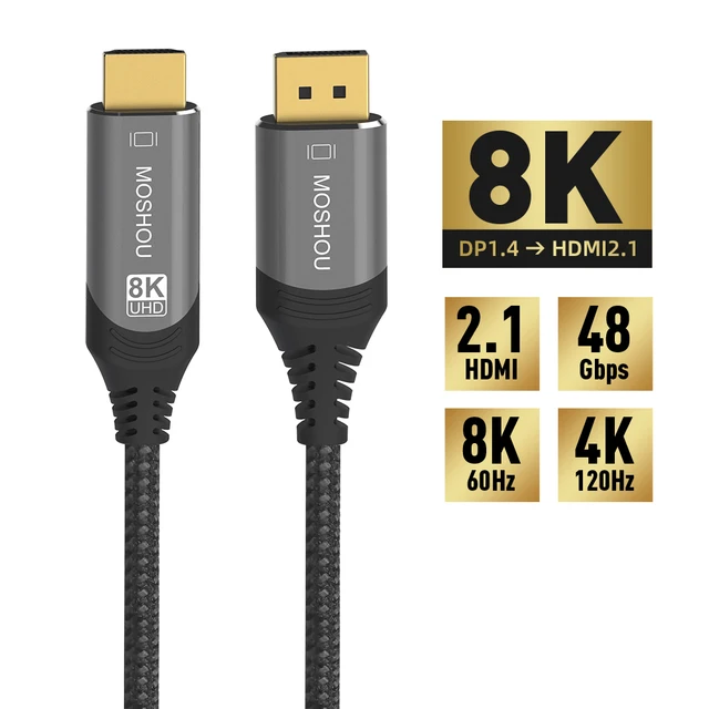 Moshou 8K DisplayPort to HDMI-compatible Cable UHD 8K@60Hz 4K@120Hz Ultra Speed 48Gbps HDR for projector HDTV DP1.4 to HD2.1 dp1.4 to hdmi