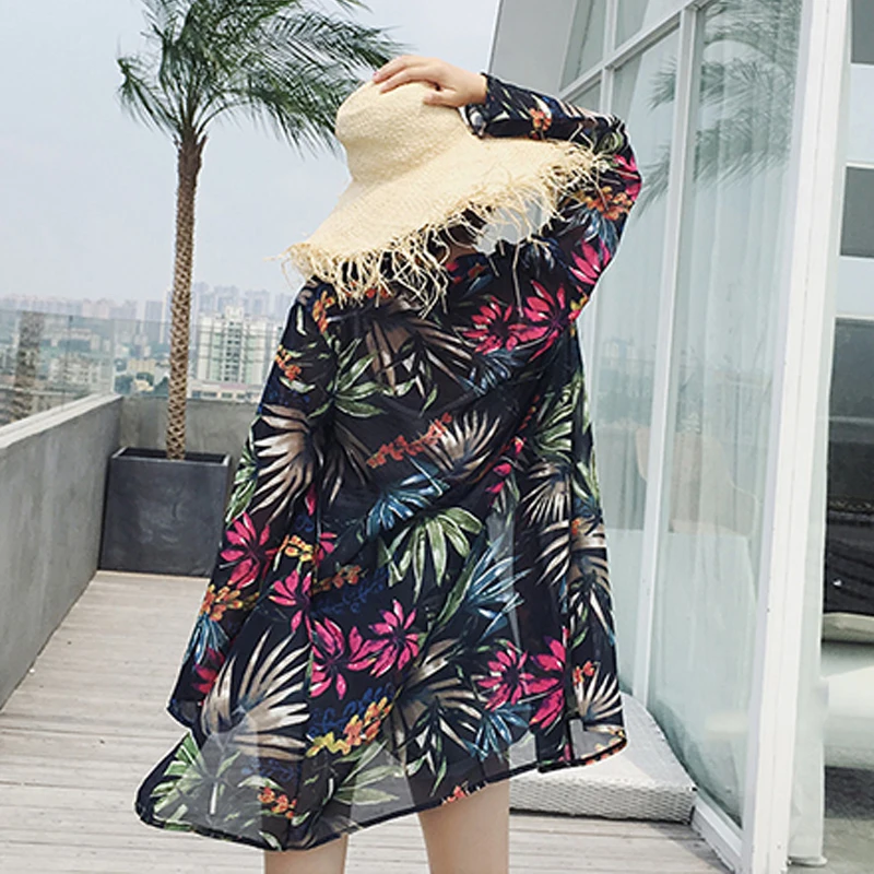 

Women Long Thin Cardigan Korean Loose Long Blouse Coat Summer Beach Style Leaves Print Chiffon Shirt