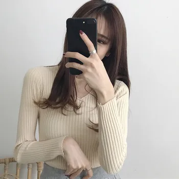 

2019 Female Long Sleeve Sweat Shirts Fashion Casual V-Neck Sweaters Slim Fit Women Shirt