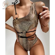 Peachtan snake print bodysuits monokini 2020 cordas de banho das mulheres um pedaço oco para fora maiô feminino alta corte(China)