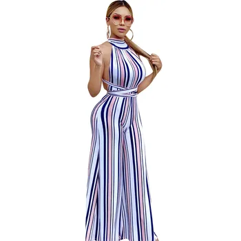 

Wantmove 2019 new summer stripe open back halter lace up sleeveless sexy evening club women jumpsuit WM881