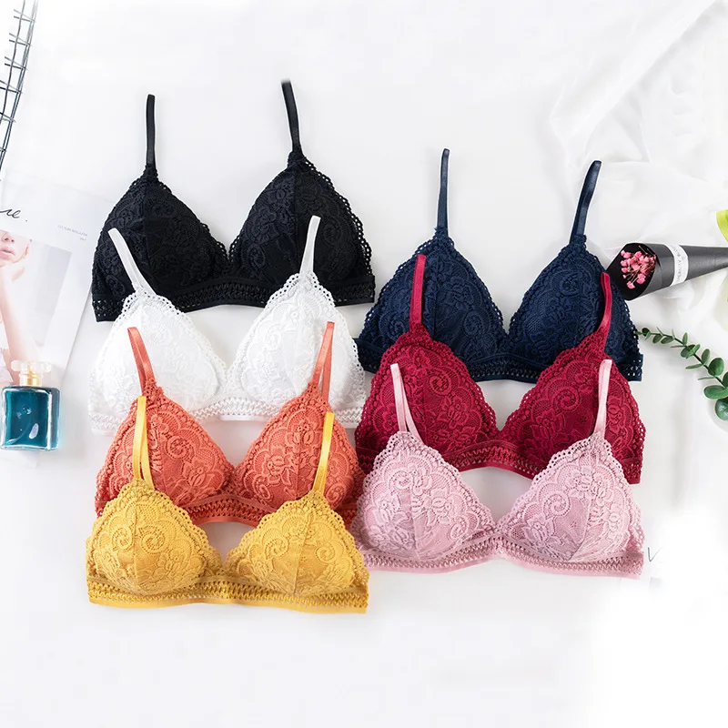 

CHRLEISURE French Triangle Cup Lace Bra Back Buckle Beauty Back Underwear No Rims Gather Bras For Women
