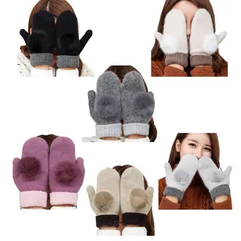 

Winter Imitation Wool Women Warm Gloves with Hair Ball Double-layer Thick Mitten LX9E