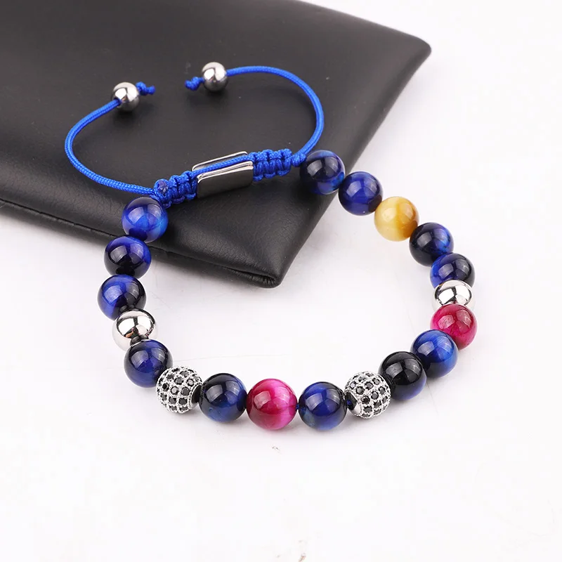 Jaravvi High Quantity 8mm Natural Stone Tiger Eye Crystal CZ Ball Cord Adjustable Macrame Bracelet For Women Men - Image 5