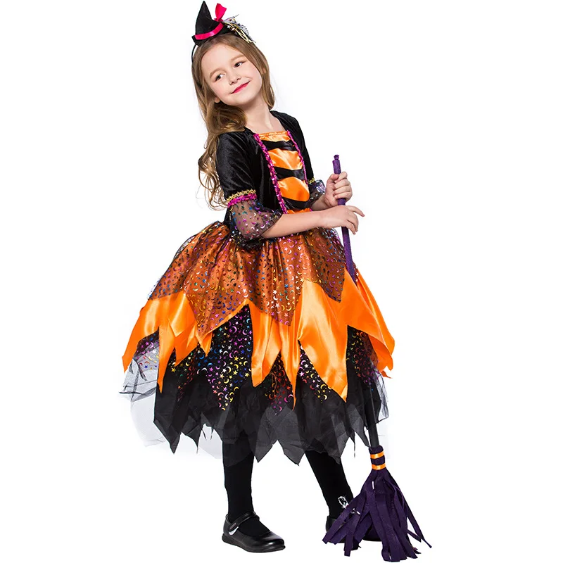 

2019 New Arrival Halloween Party Children Kids Cosplay Witch Costume For Girls Halloween Costume Party Witch Dress With Hat