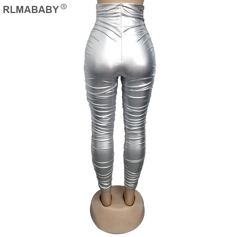 RLMABABY модные штаны для ночного клуба с рюшами из искусственной кожи с высокой талией женские золотые штаны на молнии сзади женские осенние сексуальные узкие брюки
