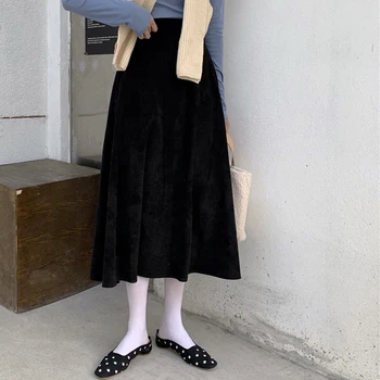 

YAMDI corduroy skirt women vintage korean loose high waist skirt woman 2020 spring summer elegant runway skirt female a-line ski