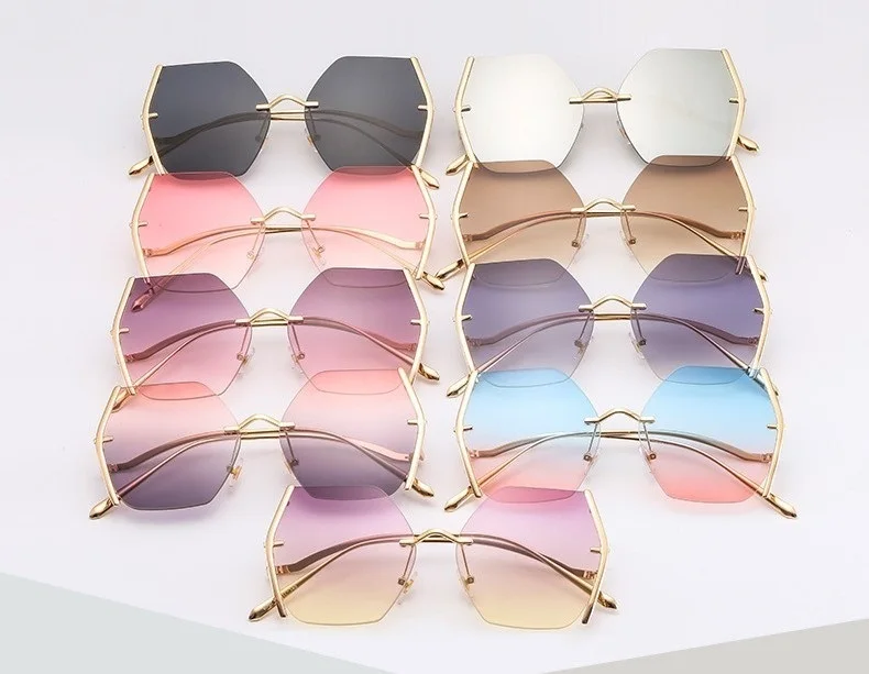Женские солнцезащитные очки "кошачий глаз" без оправы,, брендовые, сплав, бескаркасные, прозрачные, солнцезащитные очки для девушек, Ретро стиль, большие градиентные оттенки