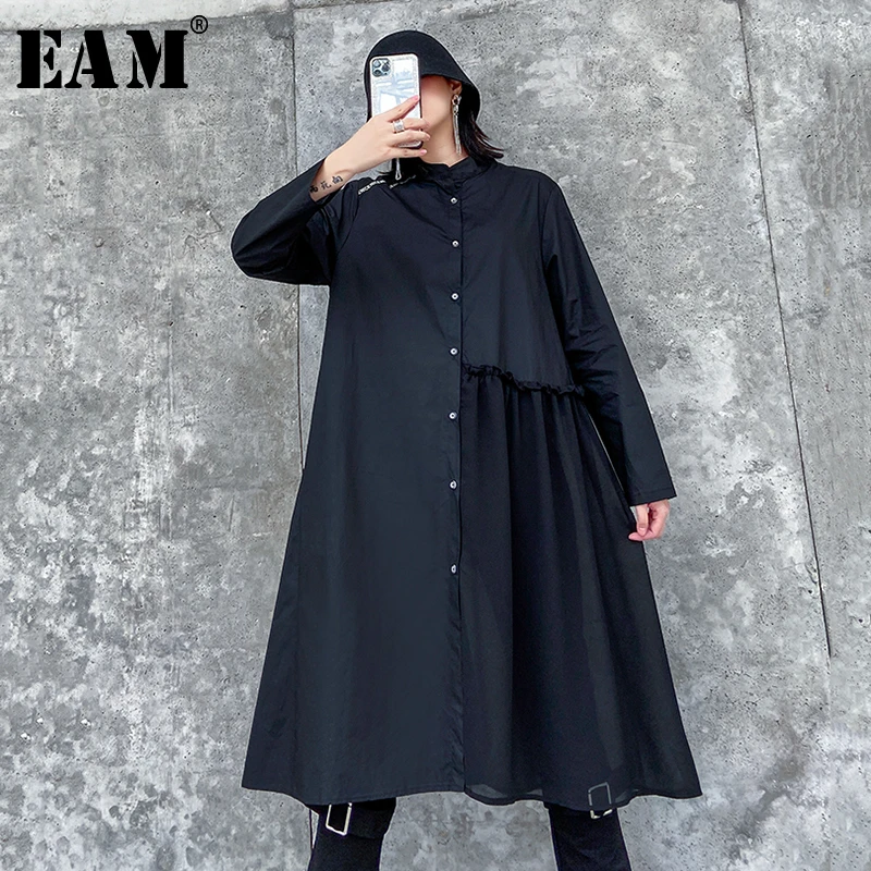 

[EAM] Women Black Pleated Split Joint Shirt Dress New Stand Collar Long Sleeve Loose Fit Fashion Tide Spring Autumn 2020 1R781