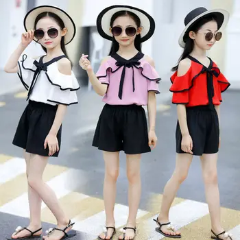 

Girls Chiffon Sets 2020 Summer FashionTeen Kids Girls Clothes Bow White Off Shoulder T-Shirt+shorts 2Pcs Children Clothing Set