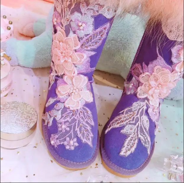 Hand embroidery flower sweet dream purple flat bottom high tube braid hair female cotton shoes snow boots