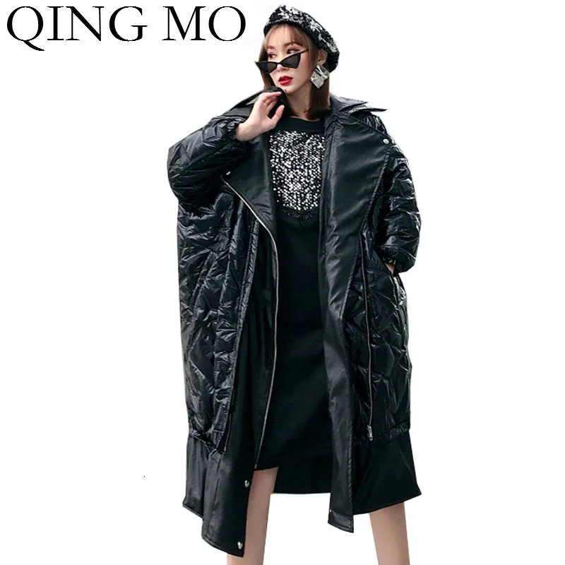 QING MO, черные, серебристые, Фиолетовые женские зимние парки,, женские парки из искусственной кожи в стиле пэчворк, женские длинные парки с широкой талией, негабаритные ZQY2296