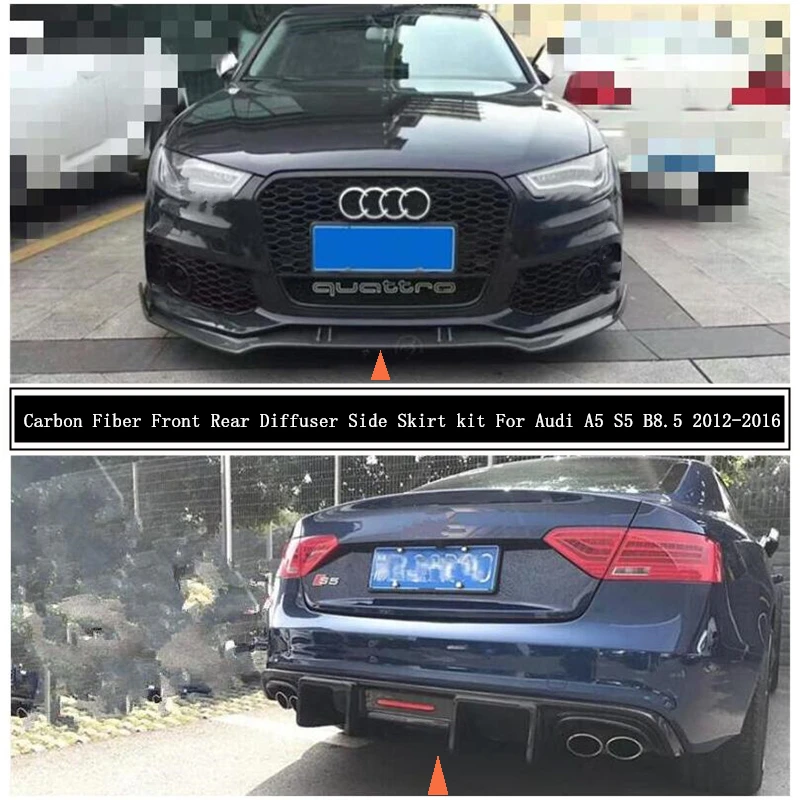 

Диффузор для переднего и заднего бампера Audi A5 S5 B8.5 2012-2016 из углеродного волокна, спойлер для губ, боковая юбка, комплект выхлопной горловины