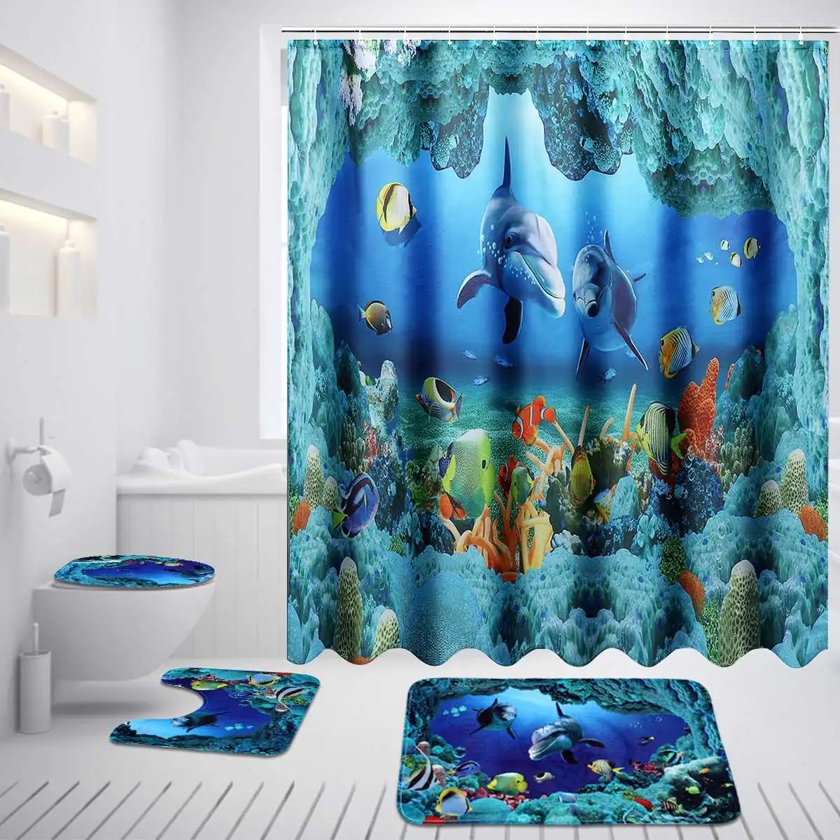 Xueqin Ocean Dolphin Deep Sea Shower Curtain Polyester Waterproof Curtains Bathroom Pedestal Rug Lid Toilet Cover Bath Mat Set