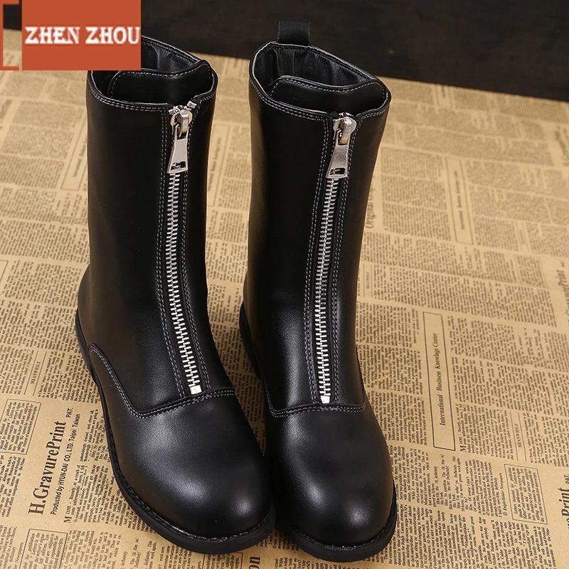 boots Female 2019 Winter Shoes Ankle Boots  winter New female Front zipper Middle tube mid heel Thick heel Leisure Martin boots