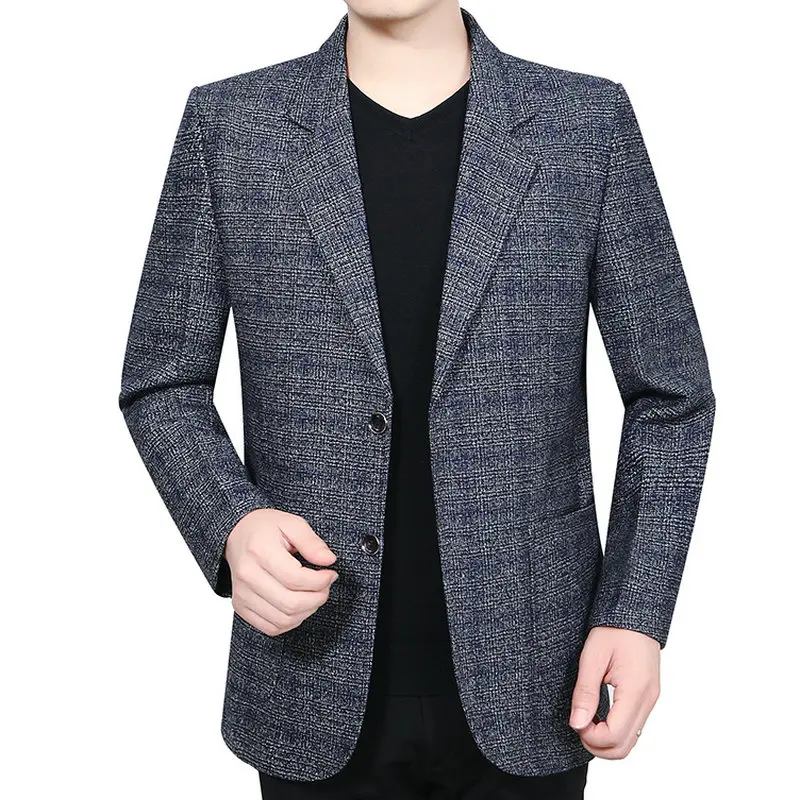 Man Elegant Wool Blazer Yellow Blue Plaid Pattern Woollen Blend Jacket Suits Male Business Smart Casual Notched Blazers Autumn