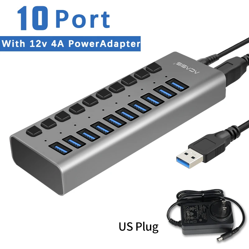Acasis USB 3,0 концентратор с адаптером питания EU/US/UK 10 портов высокоскоростной USB3.0 концентратор расширитель с переключателем для ПК - Цвет: US Aluminum Grey