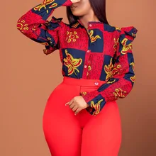 

African Women Fashion Shirt Office Lady Young Boho Blouse Geometric Color Block Top Ruffle Patchwork Button Female Cloth Spring
