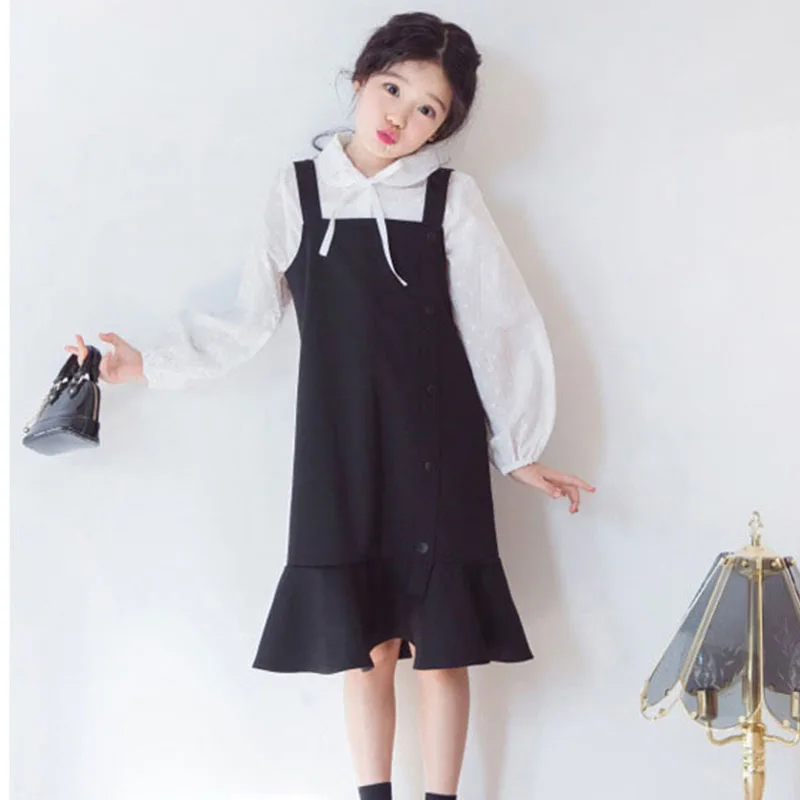 

School Autumn 2019 Suspender Teens Girls Dress Kid Princess Black Little Girl Dresses Single Breasted Ruffles Toddler Clothes