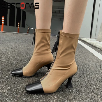 

VERCONAS Genuine Leather Fashion Concise Woman Mid-Calf Boots Autumn Winter Boots Square Toe High Heels Zipper Boots Woman 2020