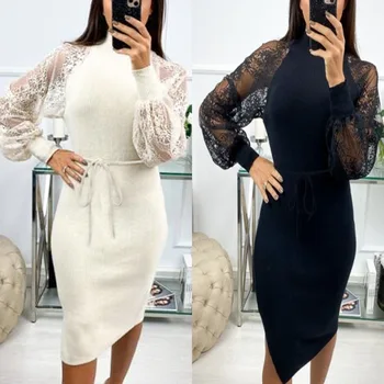 

sexy fashion solid color lace see through turtleneck lantern sleeve bandage women dress sexy dress women party night club wear