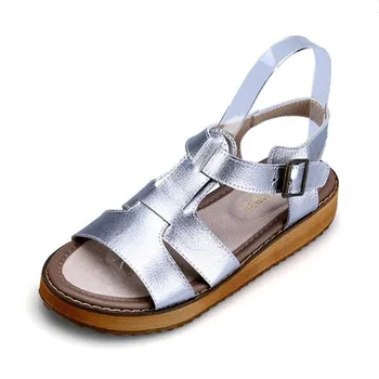 

Plus size casual sandals women Silver, black leather flats Summer new women shoes Flat sandals Round Toe Open Roman Sandals lady