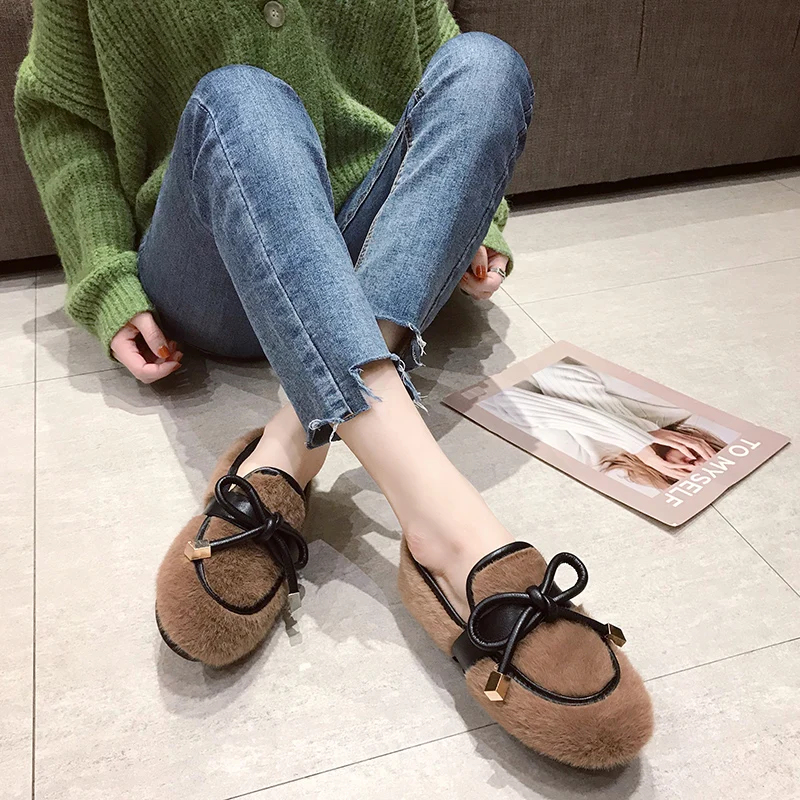 Ins Design Women Shallow Faux Fur Shoes Brand Winter Female Soft Cute Bow Slip On Flats Chic Girls Casual Plus Velvet Warm | Обувь
