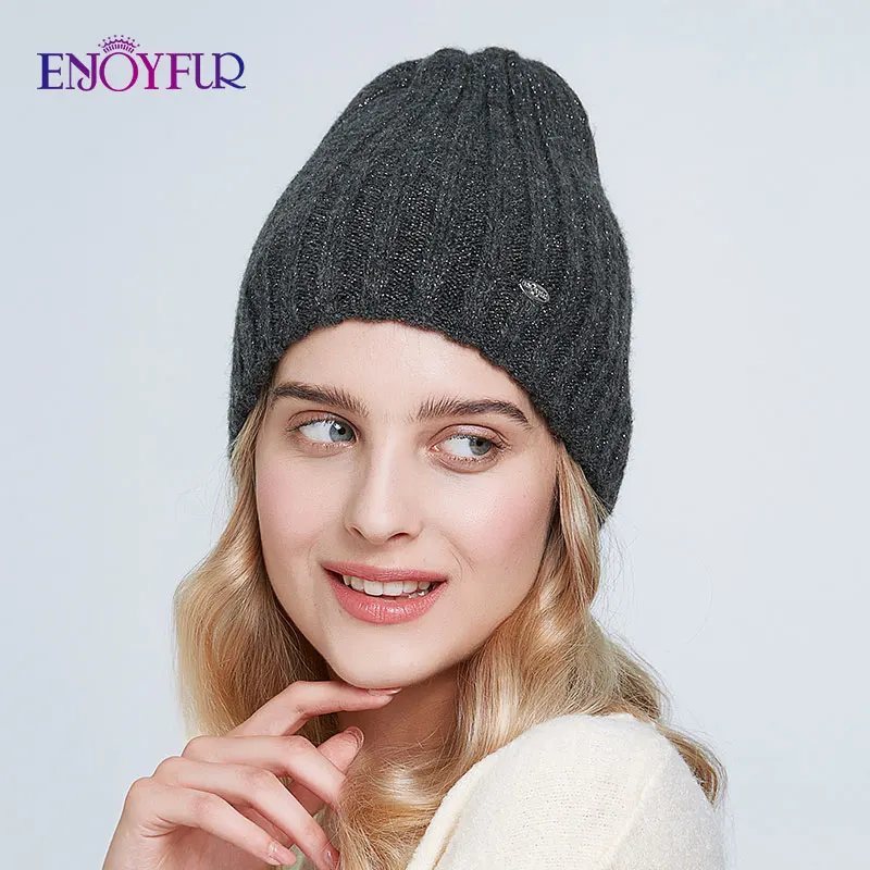 ENJOYFUR Thick warm winter hats for women soft mohair knitted female caps double lining beanies - Цвет: 03