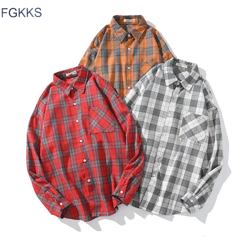 FGKKS мужские клетчатые рубашки с длинными рукавами, модные брендовые мужские удобные трендовые рубашки, осенние новые тонкие мужские рубашки с отворотом