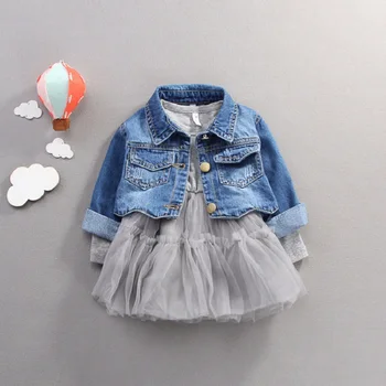 

0-4yrs infant Baby dress for girls denim jacket + Mesh dress spring autumn fashionable fluffy princess dress Baby girl's clothes