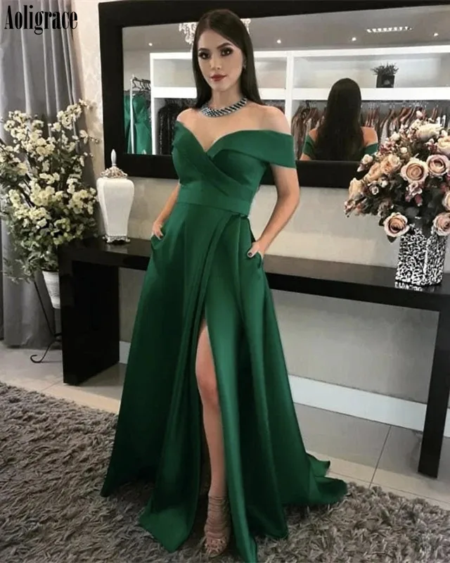 

Sexy Green High Side Split Prom Dresses With Pockets Off Shoulder Sweep Train Formal Party Evening Gowns Chic Vestidos De Fiesta