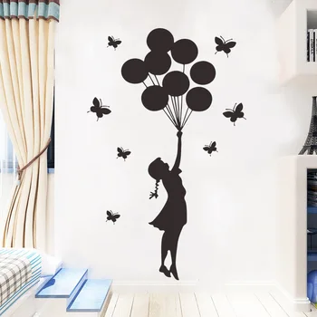 

Balloon girl Wall sticker with carved butterflies for girls boys room decoration artistic decals wallpaper stickers