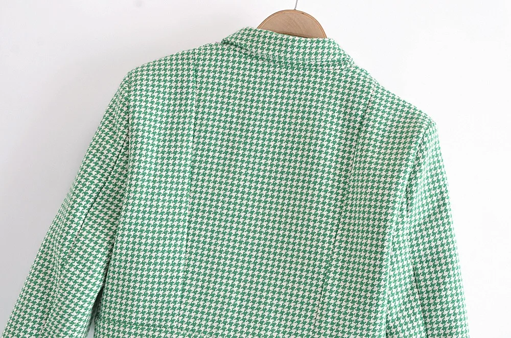 Retro French Style Green Check Plaid Weavon Cropped Blazer Women Notched Metal Buckle Buttons High Waist Suit Short Coat Outwear
