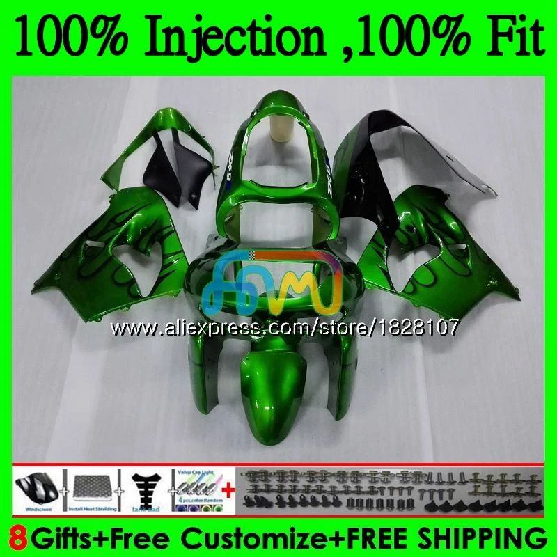 OEM комплект для KAWASAKI ZX900 ZX9 R ZX 9R 900CC 9 900 29BS.22 ZX-9R ZX9R 98 99 00 01 1998 1999 зеленый и пламя 2000 2001