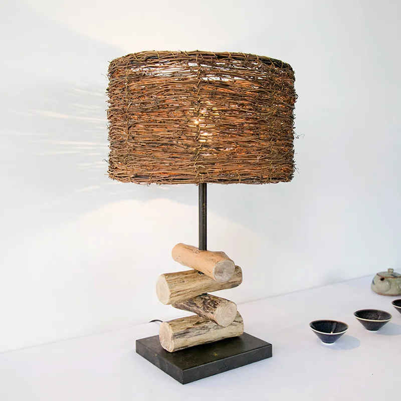 

American Rural Nordic simple decoration Zen wood lamp bedside bedroom study warm solid wood rattan table lamp