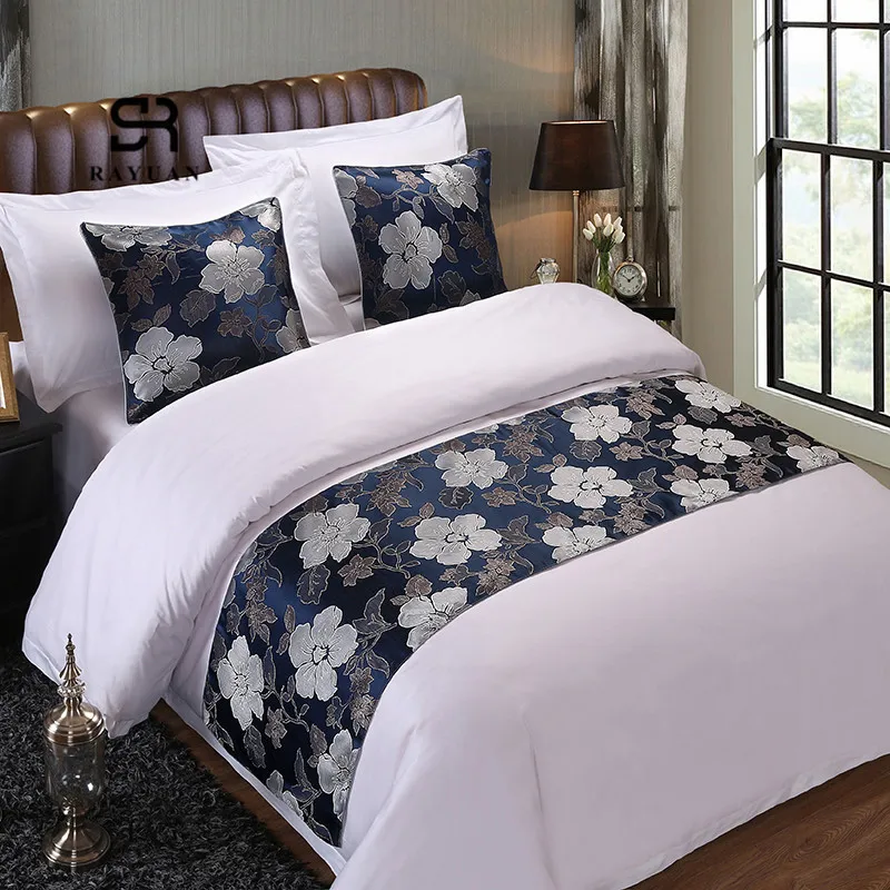 

RAYUAN Home Hotel Decor Floral Bedspread Blue Flower Double Layer Bed Runner Throw Bedding Single Queen King Bed Cover Towel