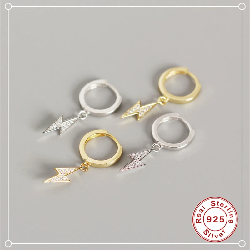 

Real 925 Silver Earrings For Women Gold Lightning Earrings Gothic Girl Gift Small Circle Earrings Punk Female Flash aretes R5