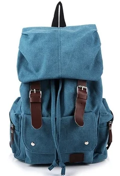 

Washed Canvas Unisex String Backpack Flap Cover Design with Leather Strap and Buckles Slouch Bag