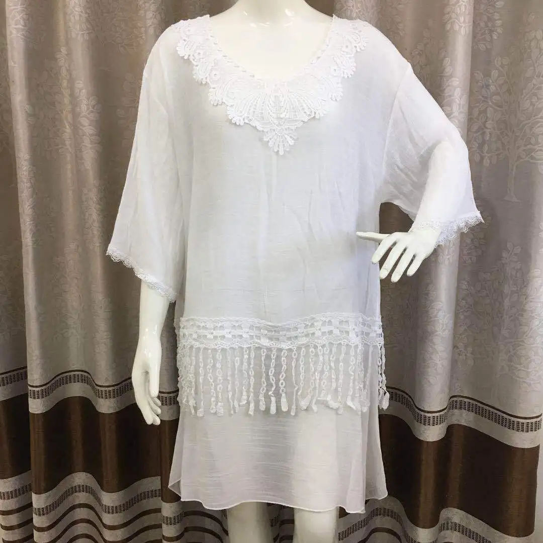 

Summer New Water Soluble Lace Stitching Slub Beach Dress Tassel Fashion Loose and Plus-sized Holiday Sun-Protective Clothing